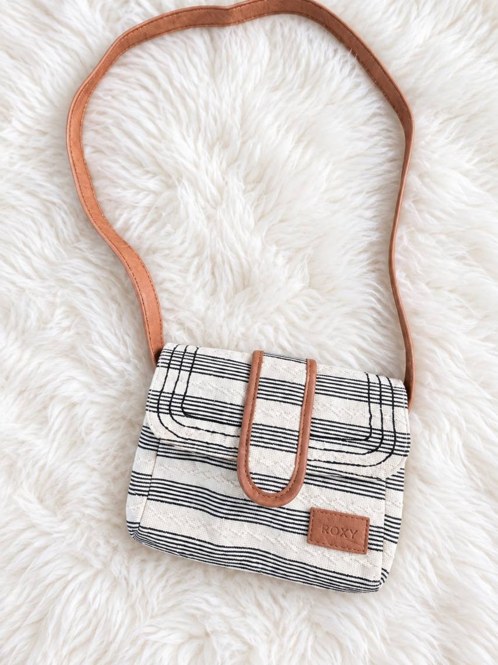 Roxy Cream and Brown Striped Canvas Crossbody Bag
